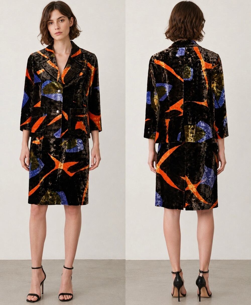 Imai Aoyama Japan Couture Silk Velvet Colorful Jacket & Skirt XS/S 2 4 Vintage